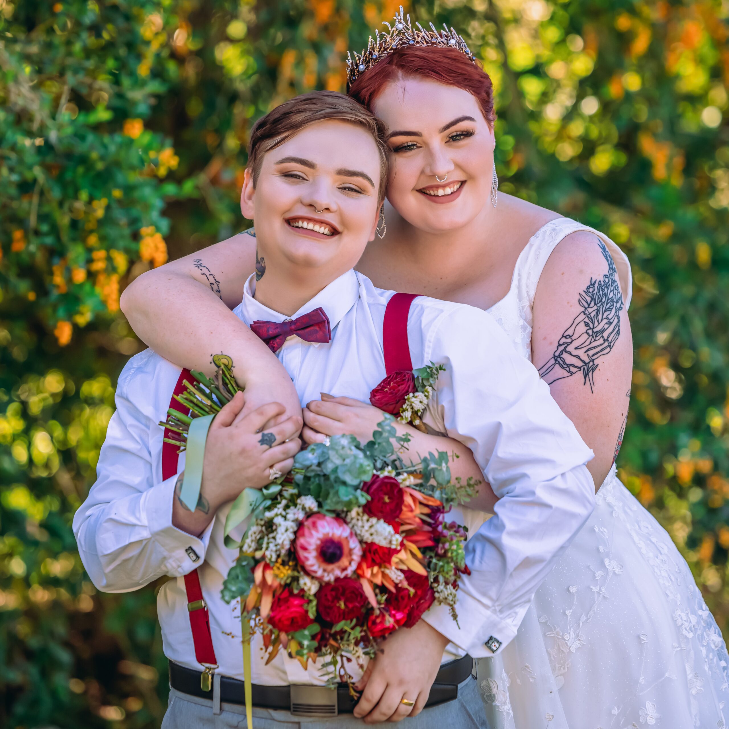 Happy couple on their wedding day with natural bridal makeup